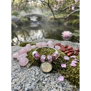 Follow Your Heart Pink Purple Glass Bead Crafted Charm Cuff Bracelet Silver Tone